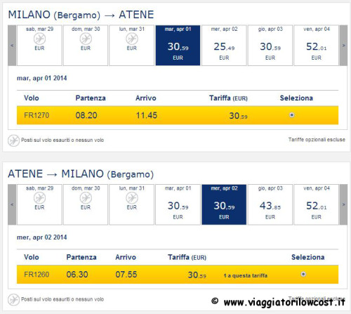 voli low cost Ryanair italia Grecia