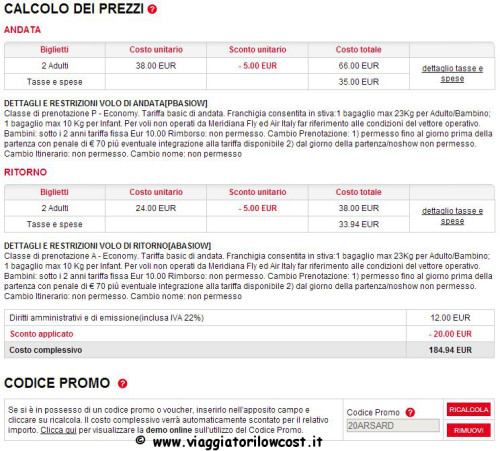 codice sconto Meridiana voli low cost Sardegna