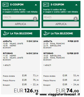 codici sconto Alitalia e-coupon Alitalia