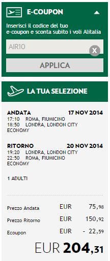 e-coupon Alitalia codice sconto Alitalia