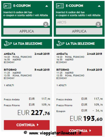 E-coupon Alitalia voli low cost