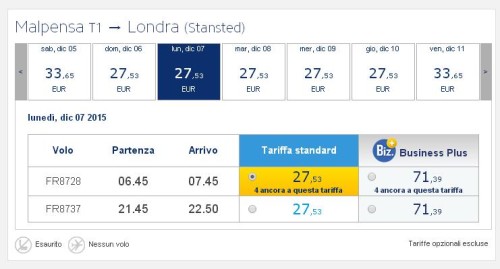 voli low cost Ryanair a Milano Malpensa per Londra