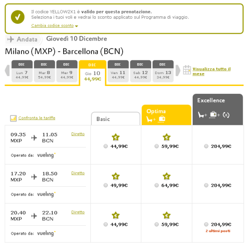 Yellow Friday sui voli Milano Barcellona