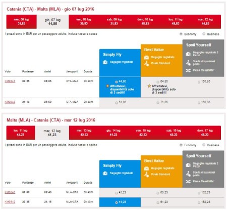 voli low cost per Malta da Catania estate 2016