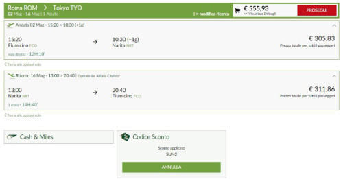 codice sconto volo Alitalia per Tokyo 